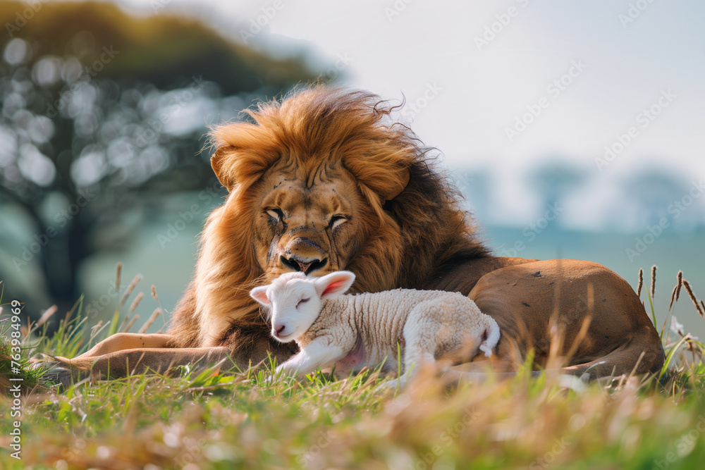 A lion rests peacefully beside a fluffy sheep A lion rests peacefully beside a fluffy sheep