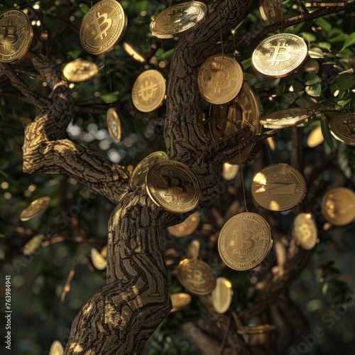 The close-up of a tree trunk with branches laden with cryptocurrency coins against a dusky sky offers a metaphor for harvesting digital wealth.