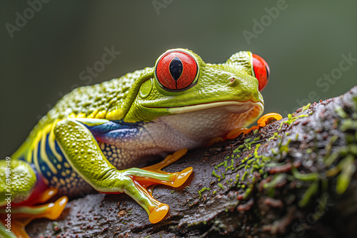 A red-eyed tree frog perches on a mossy branch photo