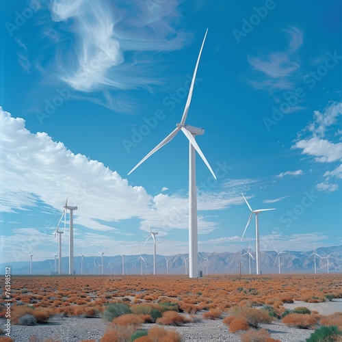 Striking wind turbines rise from the rugged desert terrain, backed by mountain vistas and wispy clouds in an azure sky, illustrating the harmony of nature and technology.