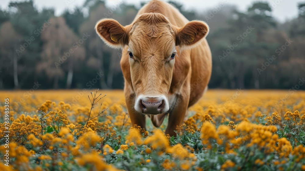 Curious Cow Amidst Golden Wildflowers - obrazy, fototapety, plakaty 