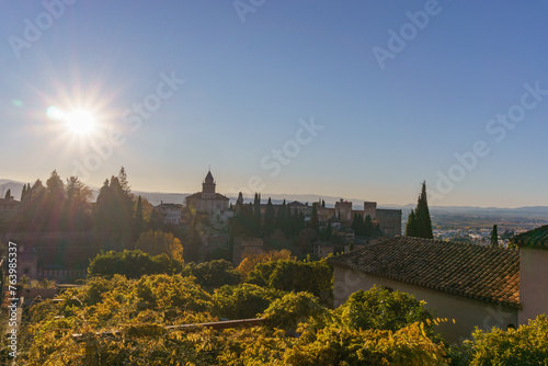 Autumn landscape with the Alhambra Palace as seen from the Generalife in Granada, Andalusia, Spain,