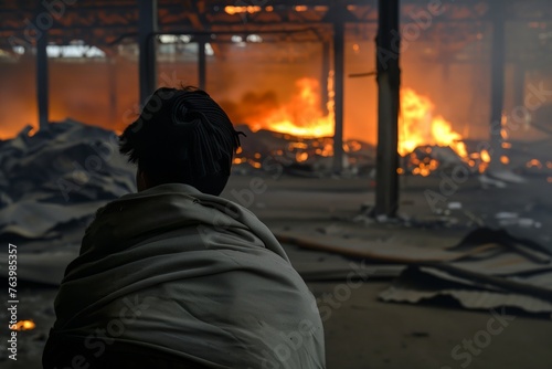 person draped in blanket watching their warehouse burn © Alfazet Chronicles