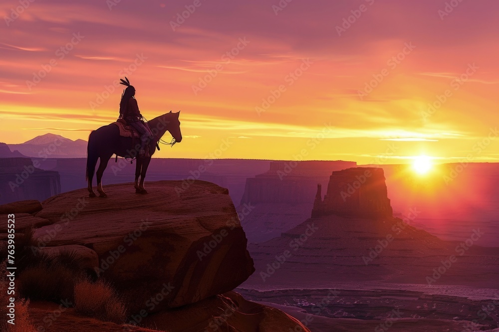 Silhouette of Indian on horseback on top of a cliff, sunset in the ...