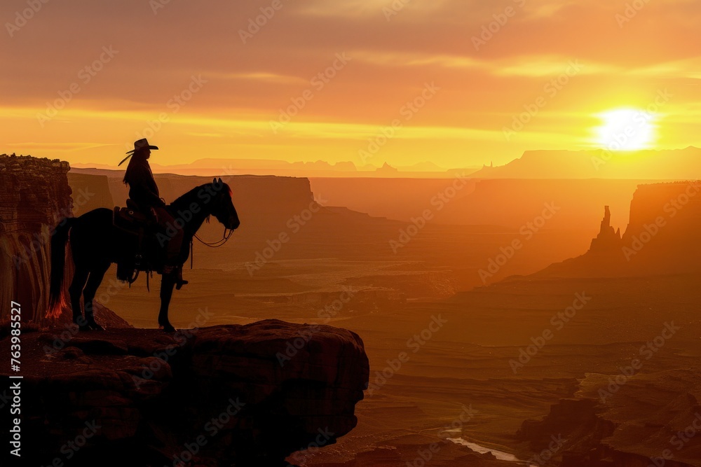 Silhouette of Indian on horseback on top of a cliff, sunset in the background, wild west concept.
