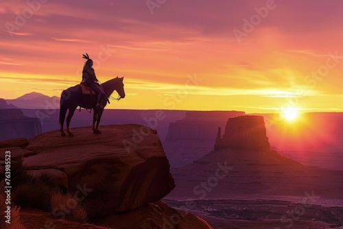Silhouette of Indian on horseback on top of a cliff  sunset in the background  wild west concept.