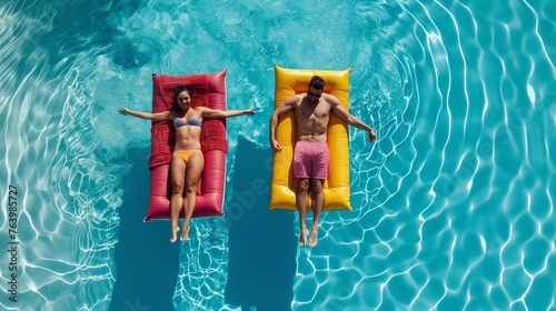 A unique happy couple enjoys a summer day, floating on an inflatable colorful mattresses in the pool, having fun, creating an atmosphere of joy. A man and a woman spend their summer vacation traveling