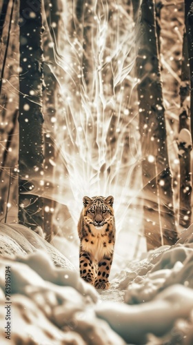 Majestic Snow Leopard in Magical Winter Forest