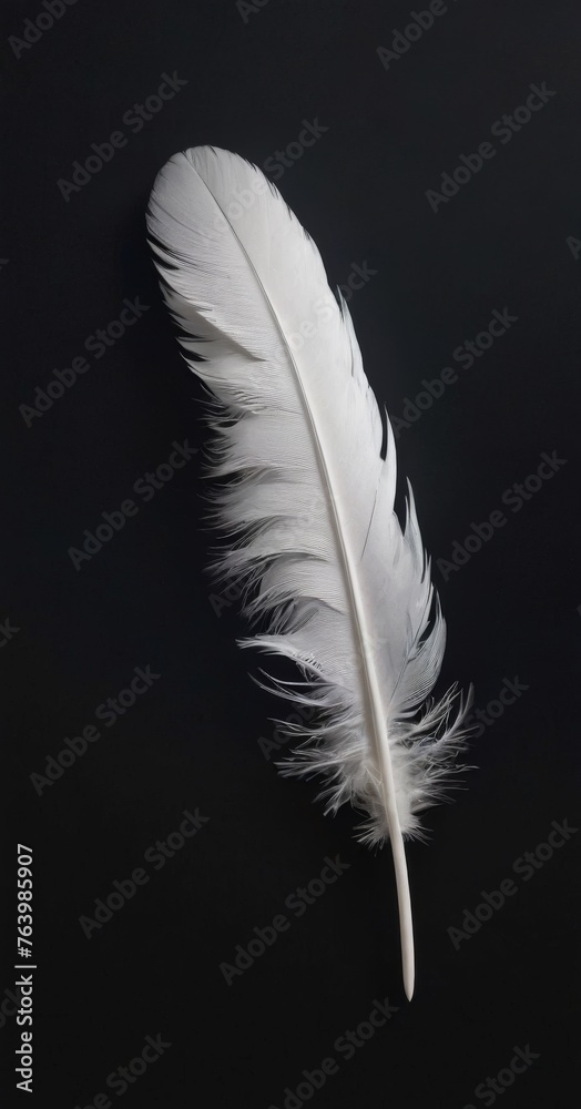 A vertical white feather exudes softness, contrasted with the dark surroundings, a study in detail and texture. AI generation A vertical white feather exudes softness, contrasted with the dark surroundings, a study in detail and texture. AI generation