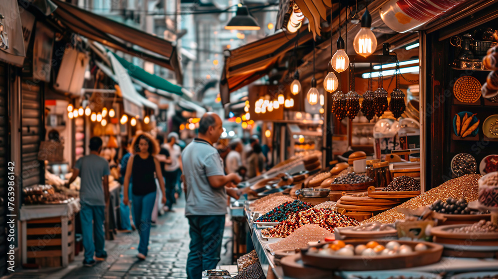 Arabic bazaar shopping marketplace in an outdoor market. Istanbul Turkey
