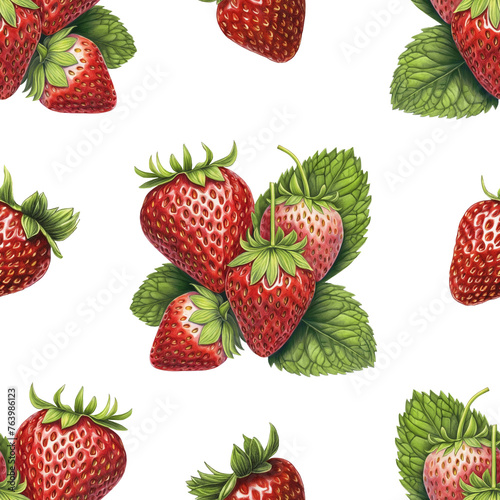 Seamless pattern design with llustrations of strawberries. Color pencil drawings. Perfect for product packaging, home textile, stationery and other goods (ID: 763986123)