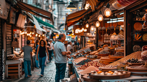 Arabic bazaar shopping marketplace in an outdoor market. Istanbul Turkey 