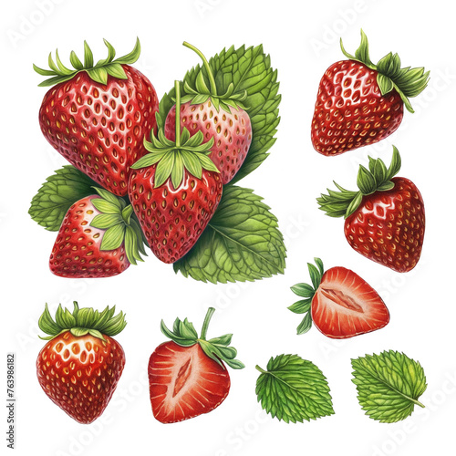 Illustrations of strawberries. Color pencil drawings. Perfect for product packaging, home textile, stationery and other goods (ID: 763986182)