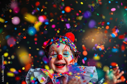 cheerful clown child surrounded by colorful confetti