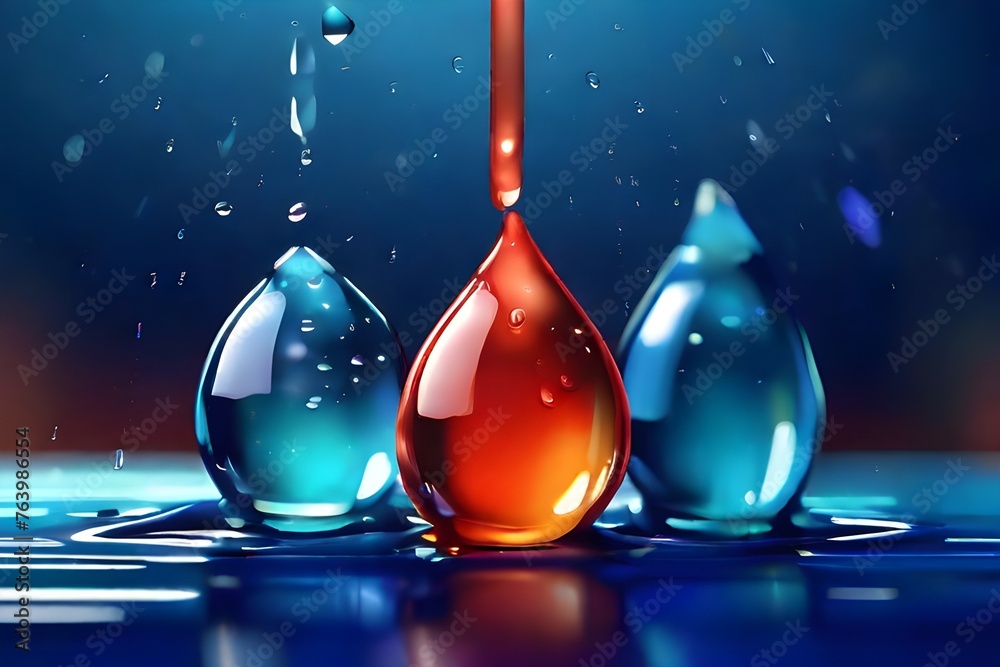 Water drops banner background. Rainfall over colorful glass surface. Blue color drink beverage concept. 3d realistic vector illustration. Generative AI