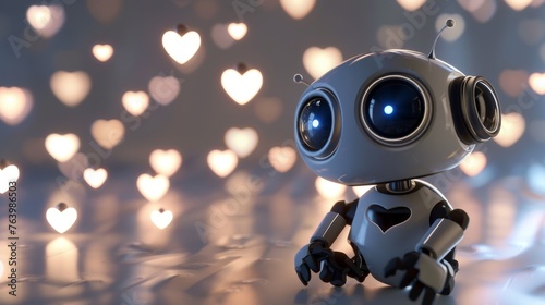 A small, endearing robot with oversized eyes sits surrounded by warm, heart-shaped bokeh light effects.