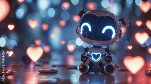 A charming robot with heart-shaped eyes and chest display sits amidst a sea of heart-shaped bokeh lights.