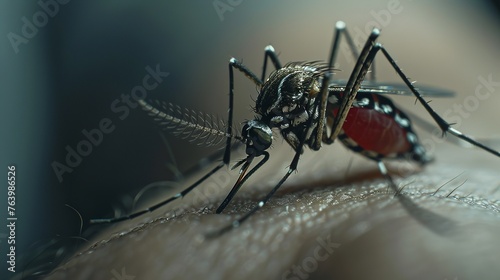 realistic, high quality shot of a mosquito sitting on an arm with a red belly photo