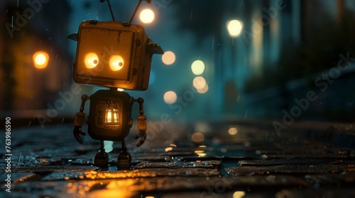 A solitary rusty robot stands on a wet cobblestone street at night, holding a lantern under the rain, with city lights softly glowing in the background.