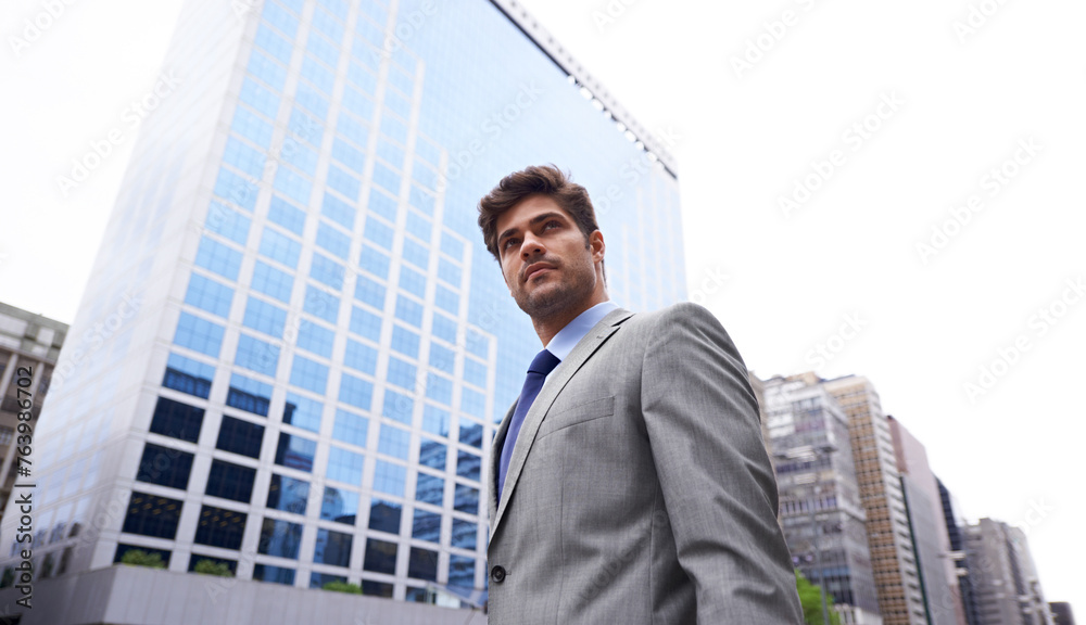 City, morning and business man for commute, travel and walking journey to office building. Corporate, low angle and male person in urban town for confidence, professional and employee for career City, morning and business man for commute, travel and walking journey to office building. Corporate, low angle and male person in urban town for confidence, professional and employee for career
