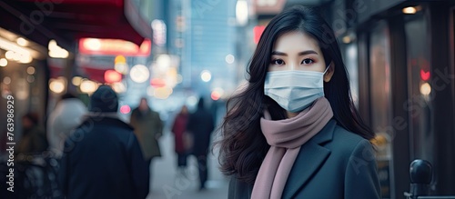 A female wearing a protective face mask and stylish scarf is strolling on a bustling city street