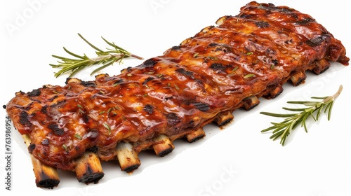 Grilled ribs on a white background. Treat yourself to the tempting allure of these grilled ribs, their appetizing display on a white background whetting your appetite. photo