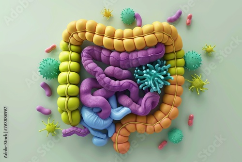 3d model of human intestine organ. Concept of healthy gut and microbiome.
