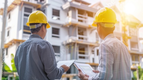 Construction workers in hardhat discussing and checking blueprint plans with digital tablet or documents in front of construction site, Asian 