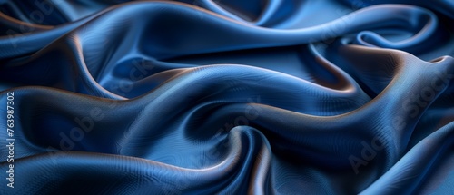 The background is a navy blue abstract background with wavy lines. The fabric is silk satin with nice folds.