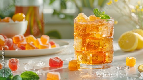 Refreshing iced tea with jelly candies on a summer day