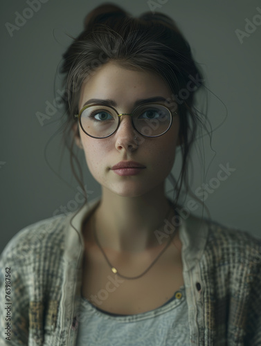 A calm and serene woman with chic eyeglasses and a detailed jacket looks into the distance