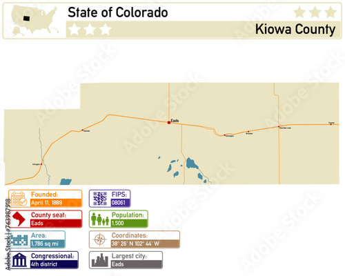 Detailed infographic and map of Kiowa County in Colorado USA.