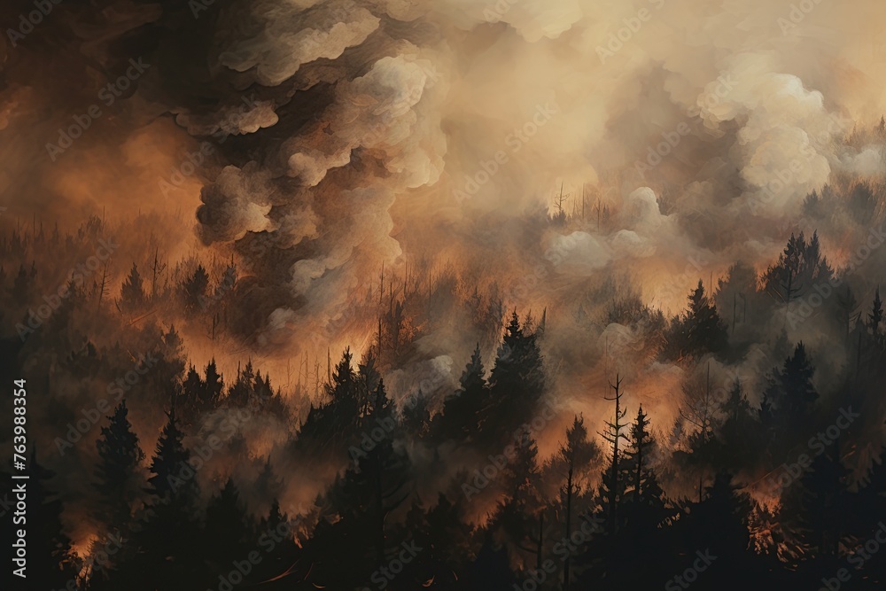 Forest fire. Wildfire. Natural disaster. illustration. Generative Ai - obrazy, fototapety, plakaty 