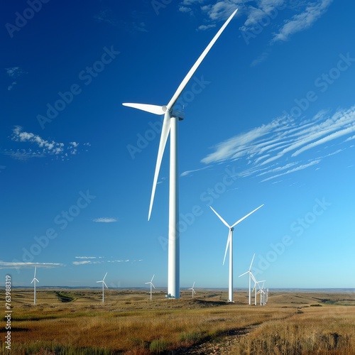 Majestic wind turbines dominate the landscape, their towering forms spinning against a vibrant blue sky over a golden prairie, a testament to sustainable energy sources.
