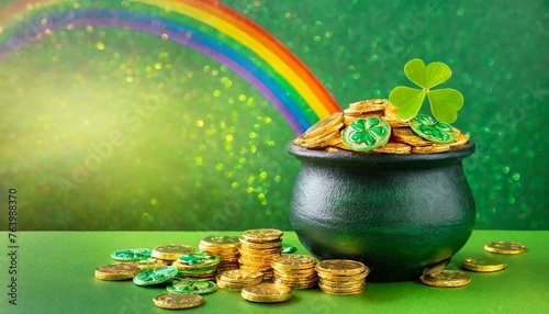 Saint Patrick's Day and Leprechaun's pot of gold coins concept with a rainbow indicating whe photo