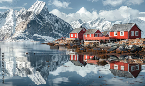 Red wooden houses of Reine, Lofoten Islands in Norway with snowcapped mountains behind them and clear blue sky. A small fishing village near the sea surrounded by rocks and reflections on water. photo