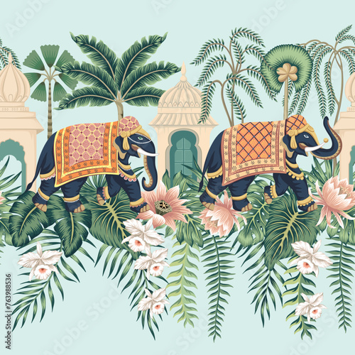 Indian elephant, palm trees, tropical leaves, pink lotus, orchid flower, architecture seamless pattern blue background. Jungle wallpaper.	