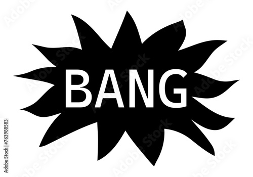 Icono negro de estallido con la palabra bang. 