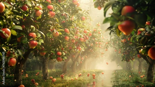Create a dreamscape where fruit trees grow in impossible conditions, such as underwater or floating in the sky, blending the familiar with the fantastical