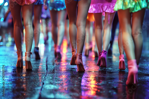 legs of a crowd of woman prostitute girls in miniskirts and high heels at night on street photo