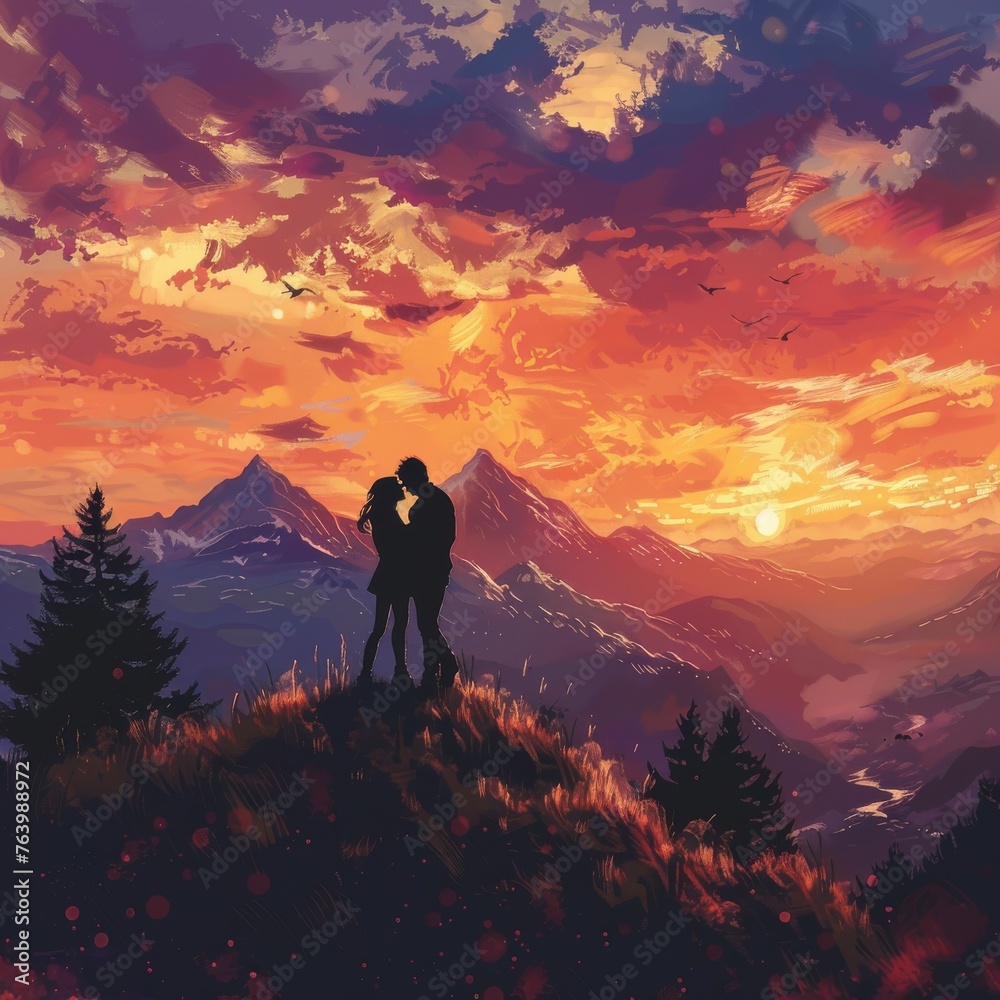 An illustration of a couple holding each other, overlooking a mountainous sunset, with a sky ablaze in orange and purple hues.