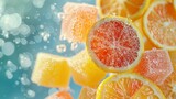 Fresh jelly candies with citrus zest on a sparkling background