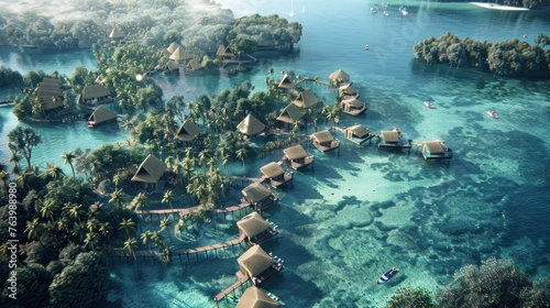 Create a luxurious island resort with overwater bungalows, coral reefs for snorkeling, and eco-friendly transport options