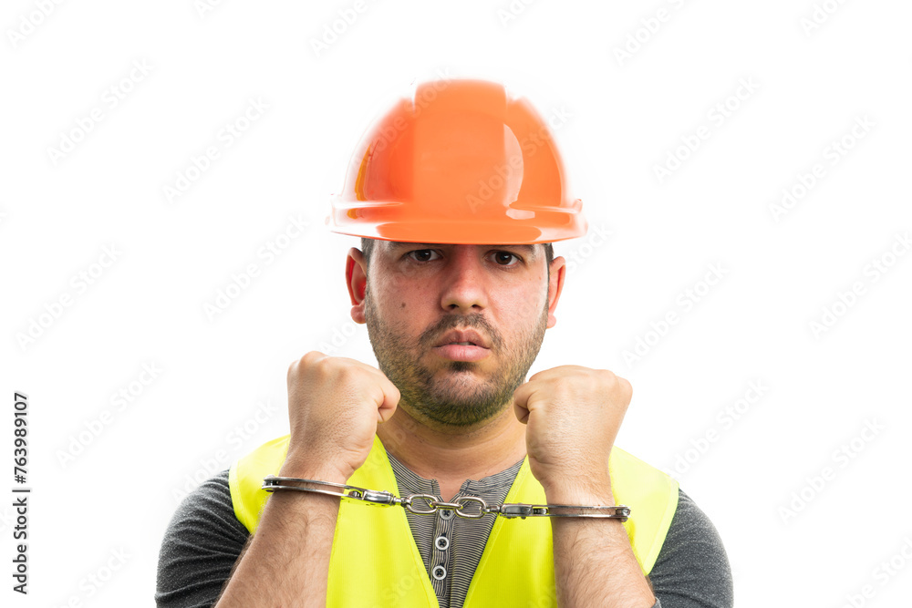 Close-up of thief builder wearing hardhat and vest handcuffed Close-up of thief builder wearing hardhat and vest handcuffed