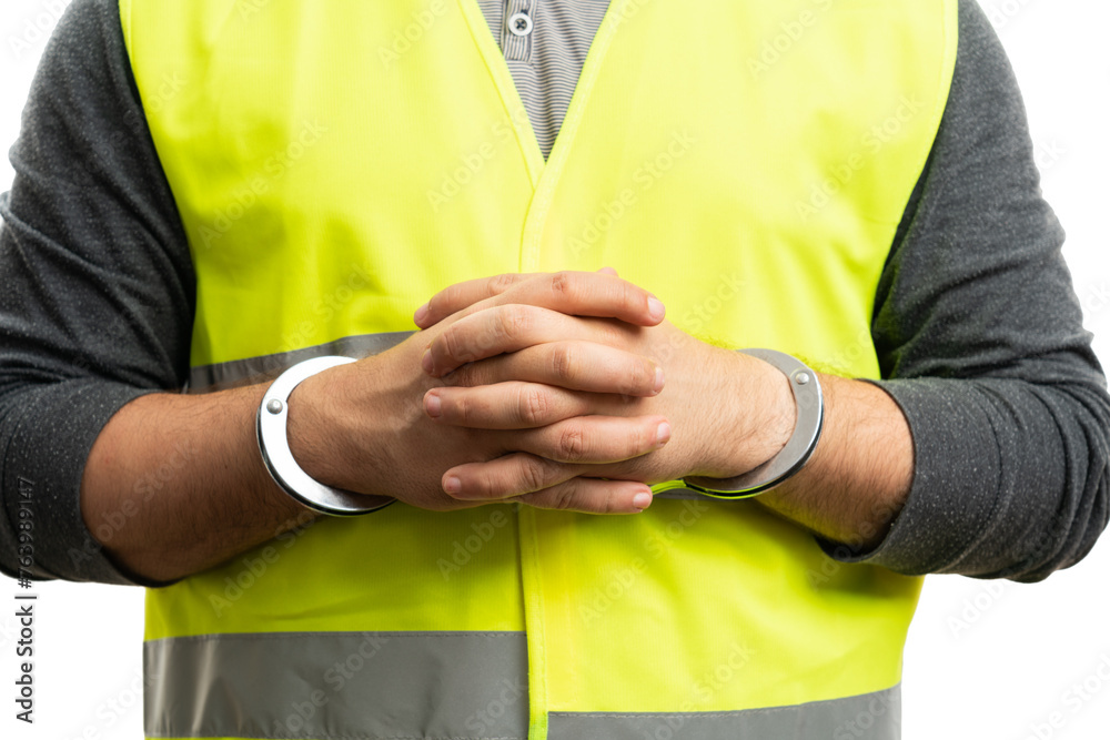 Close-up of handcuffed constructor man as criminal law concept Close-up of handcuffed constructor man as criminal law concept