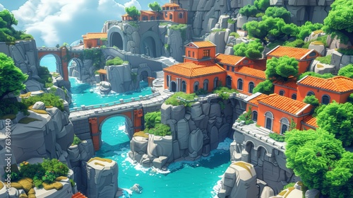 Coastal Cliffside Village With Arched Bridges and Waterfalls