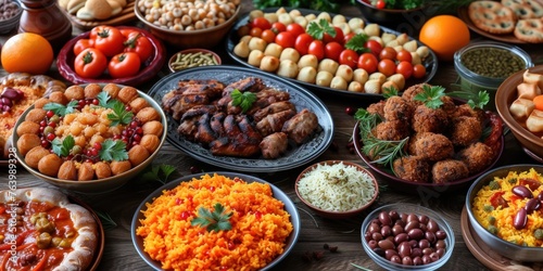 Ramadan kareem Iftar party table with assorted festive traditional dishes, eid-ul-fitr, banner photo