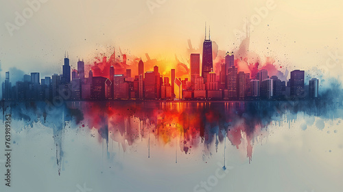 A creative urban montage of the Chicago skyline with the Willis Tower at its heart, using a fusion of geometric cutouts and watercolor splashes to depict the city's vibrancy