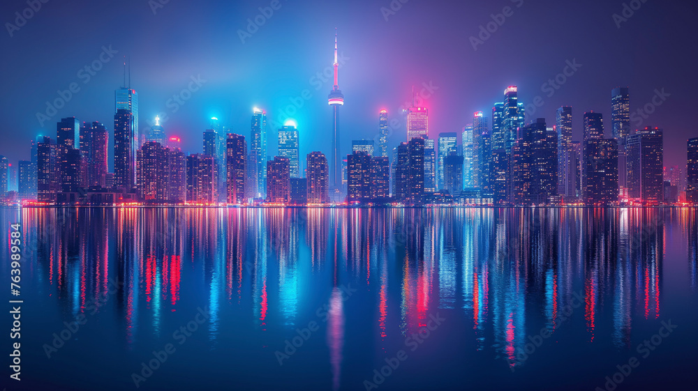 Panoramic view of a city skyline at night, illuminated skyscrapers reflecting on the calm water, with vibrant lights and clear skies.