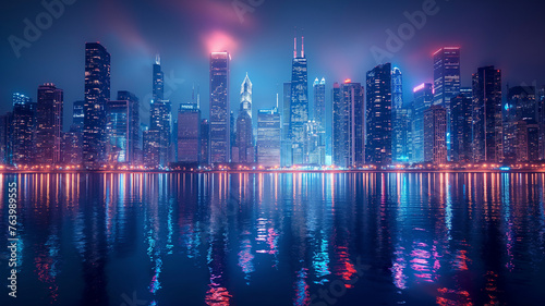 Nighttime cityscape with a tapestry of lights from towering structures  their reflections shimmering across a wide river s surface.
